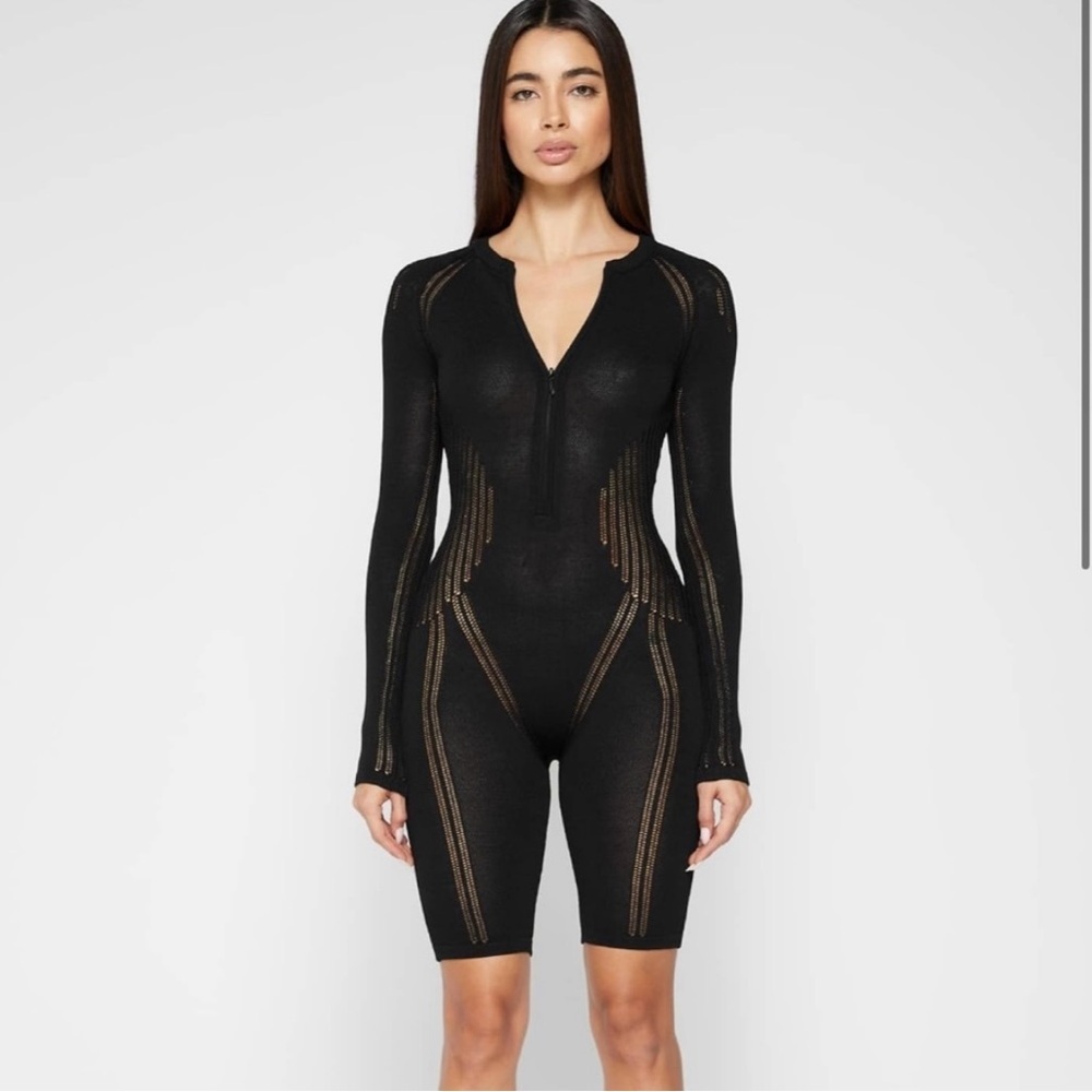Manière De Voir Knit M Black Knit Zip-Up Bodysuit Biker Shorts Sweater Cybercore